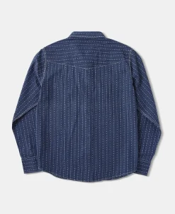 Fashion 1950s Indigo Discharge-printed Wabash Stripe Western Shirt Long Sleeve Shirts | Shirts