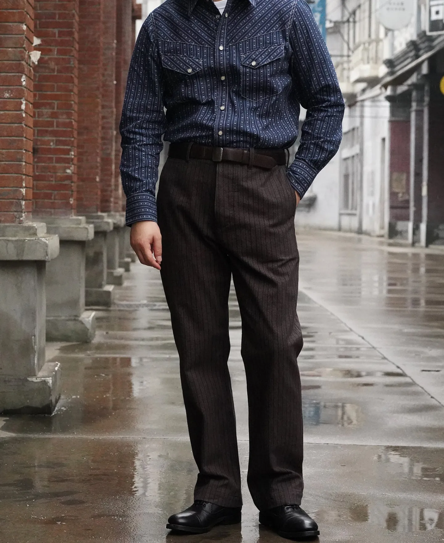 Fashion 1950s Indigo Discharge-printed Wabash Stripe Western Shirt Long Sleeve Shirts | Shirts