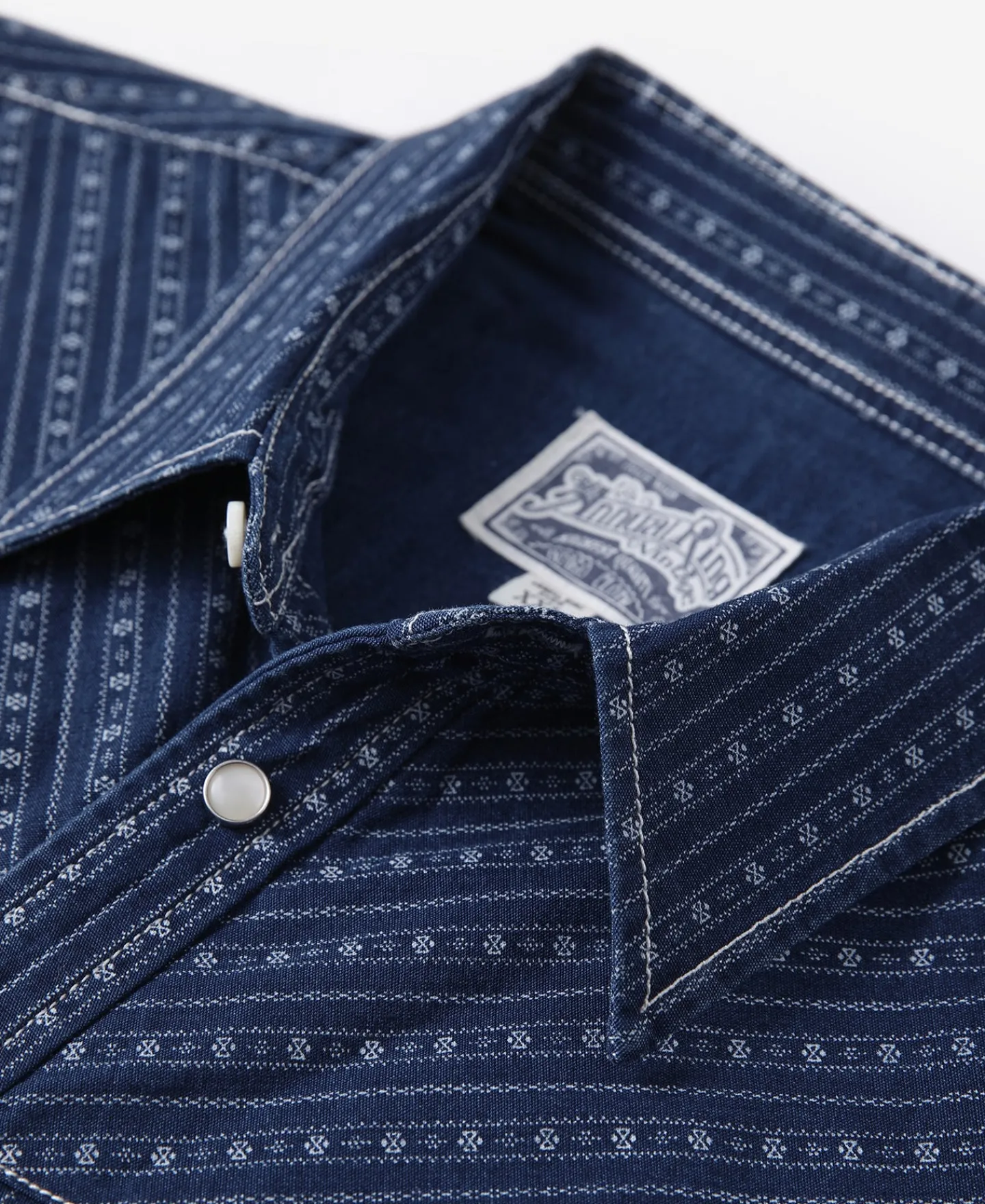 Fashion 1950s Indigo Discharge-printed Wabash Stripe Western Shirt Long Sleeve Shirts | Shirts