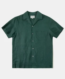 Online 1950s Italian Collar Linen Shirt - Dark Green Short Sleeve Shirts | Shirts