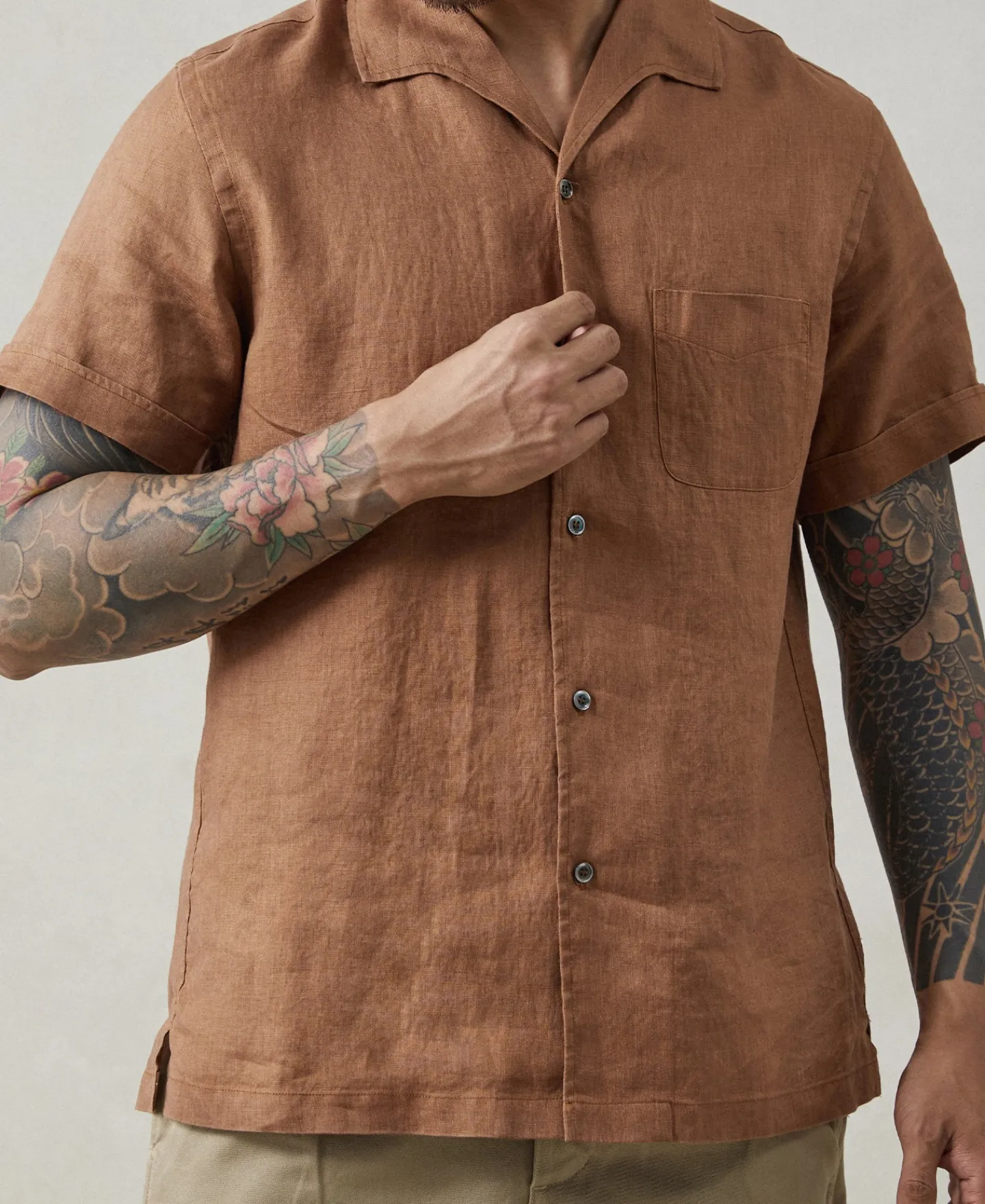 Hot 1950s Italian Collar Linen Shirt - Brown Short Sleeve Shirts | Shirts