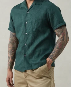Online 1950s Italian Collar Linen Shirt - Dark Green Short Sleeve Shirts | Shirts