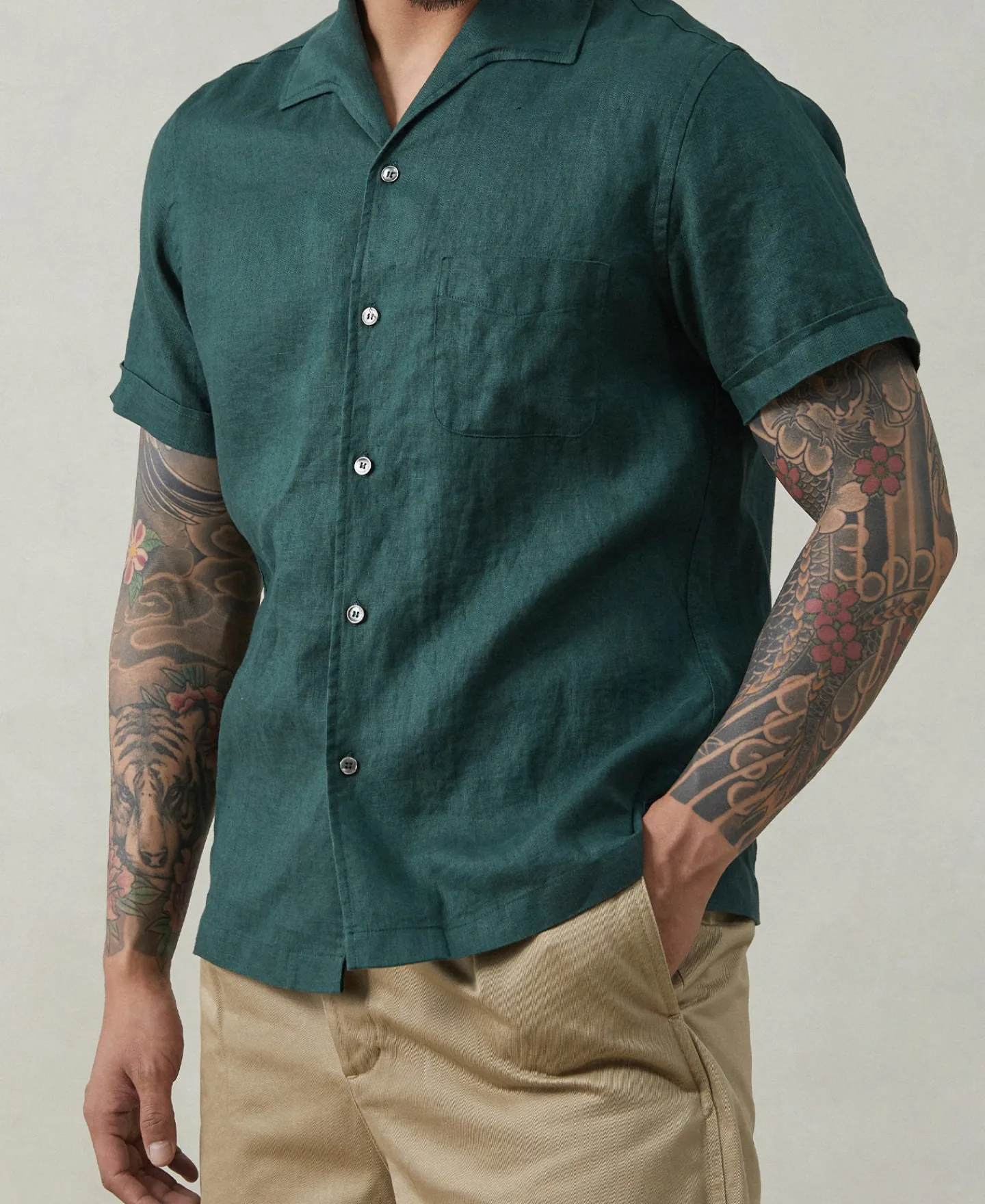 Online 1950s Italian Collar Linen Shirt - Dark Green Short Sleeve Shirts | Shirts
