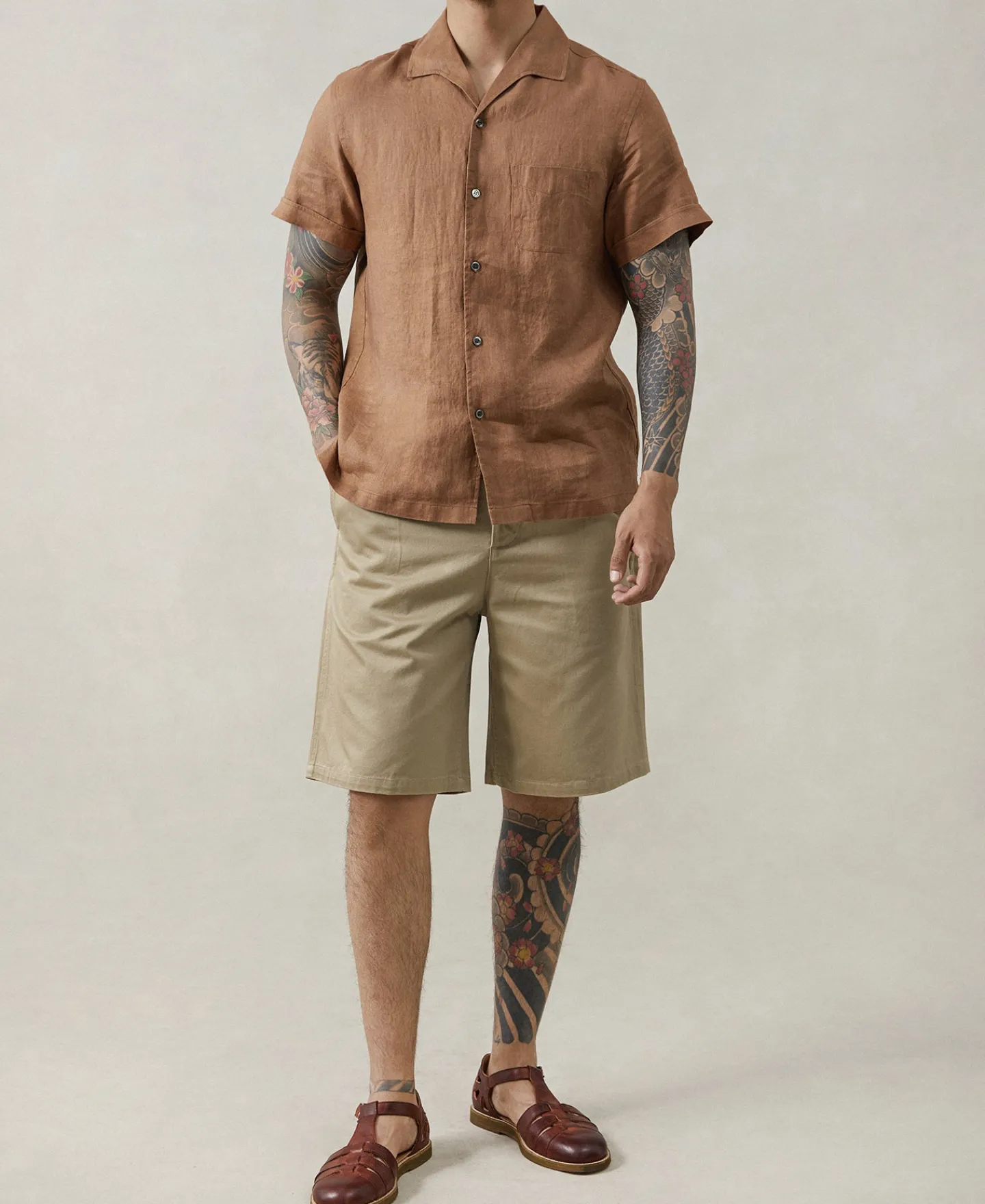 Hot 1950s Italian Collar Linen Shirt - Brown Short Sleeve Shirts | Shirts