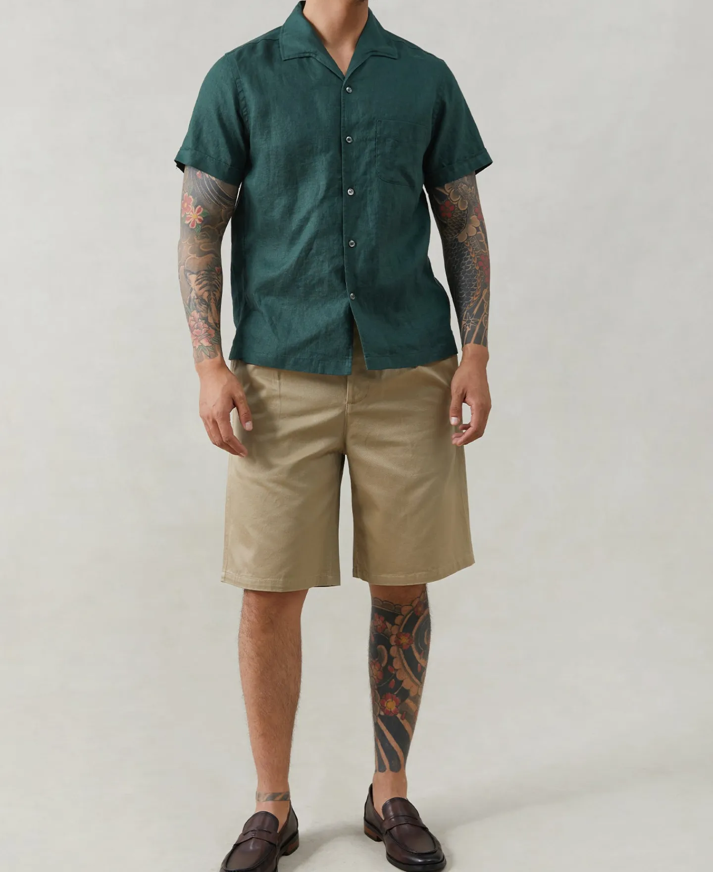 Online 1950s Italian Collar Linen Shirt - Dark Green Short Sleeve Shirts | Shirts
