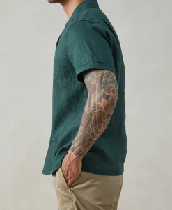 Online 1950s Italian Collar Linen Shirt - Dark Green Short Sleeve Shirts | Shirts