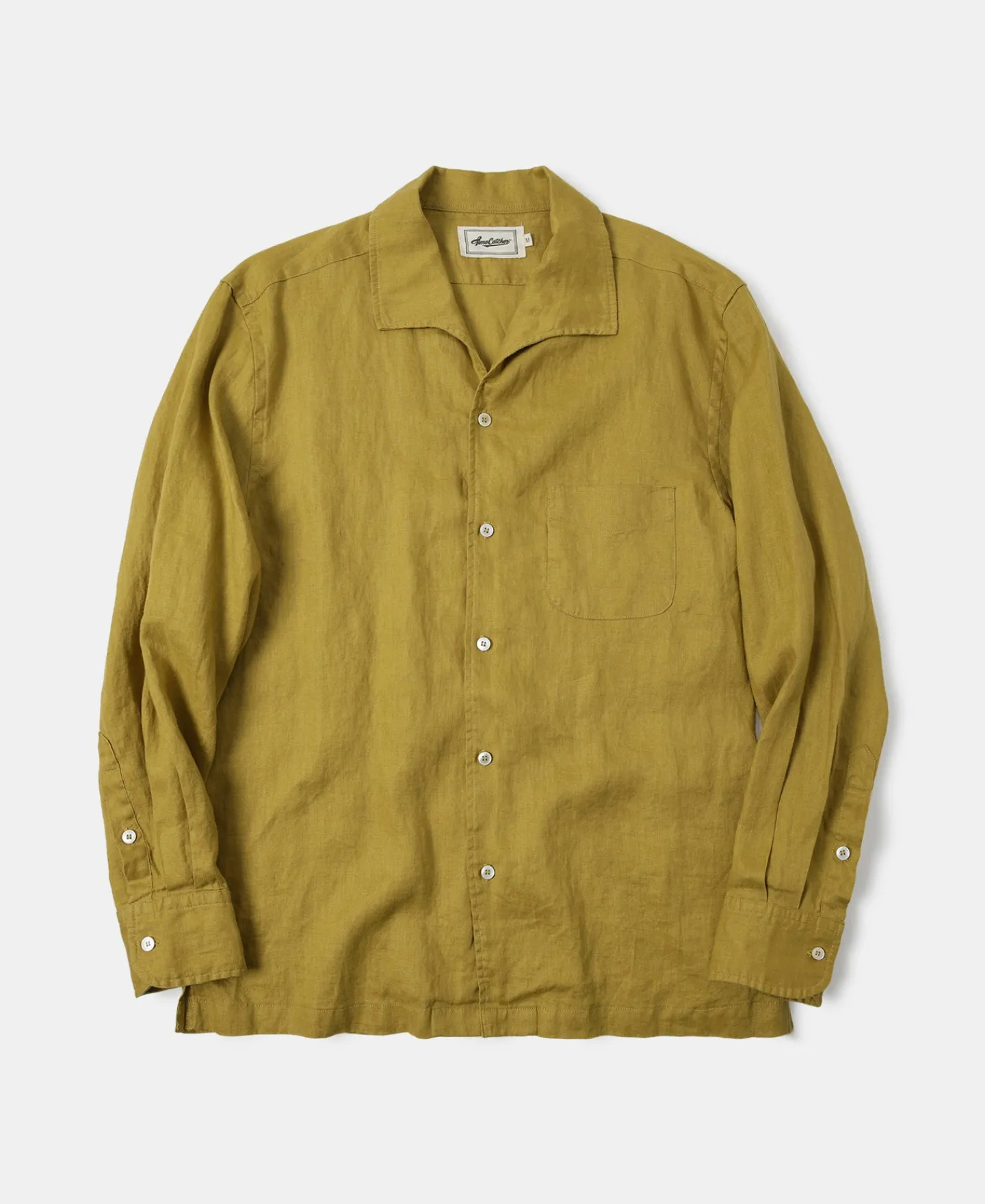 Clearance 1950s Italian Collar Long-Sleeve Linen Shirt - Mustard Long Sleeve Shirts | Shirts
