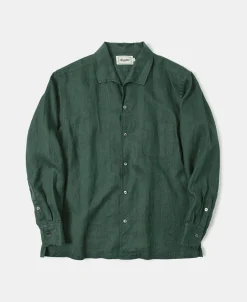 New 1950s Italian Collar Long-Sleeve Linen Shirt - Dark Green Long Sleeve Shirts | Shirts