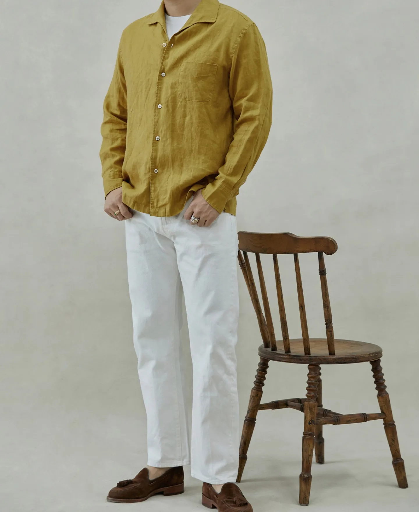 Clearance 1950s Italian Collar Long-Sleeve Linen Shirt - Mustard Long Sleeve Shirts | Shirts