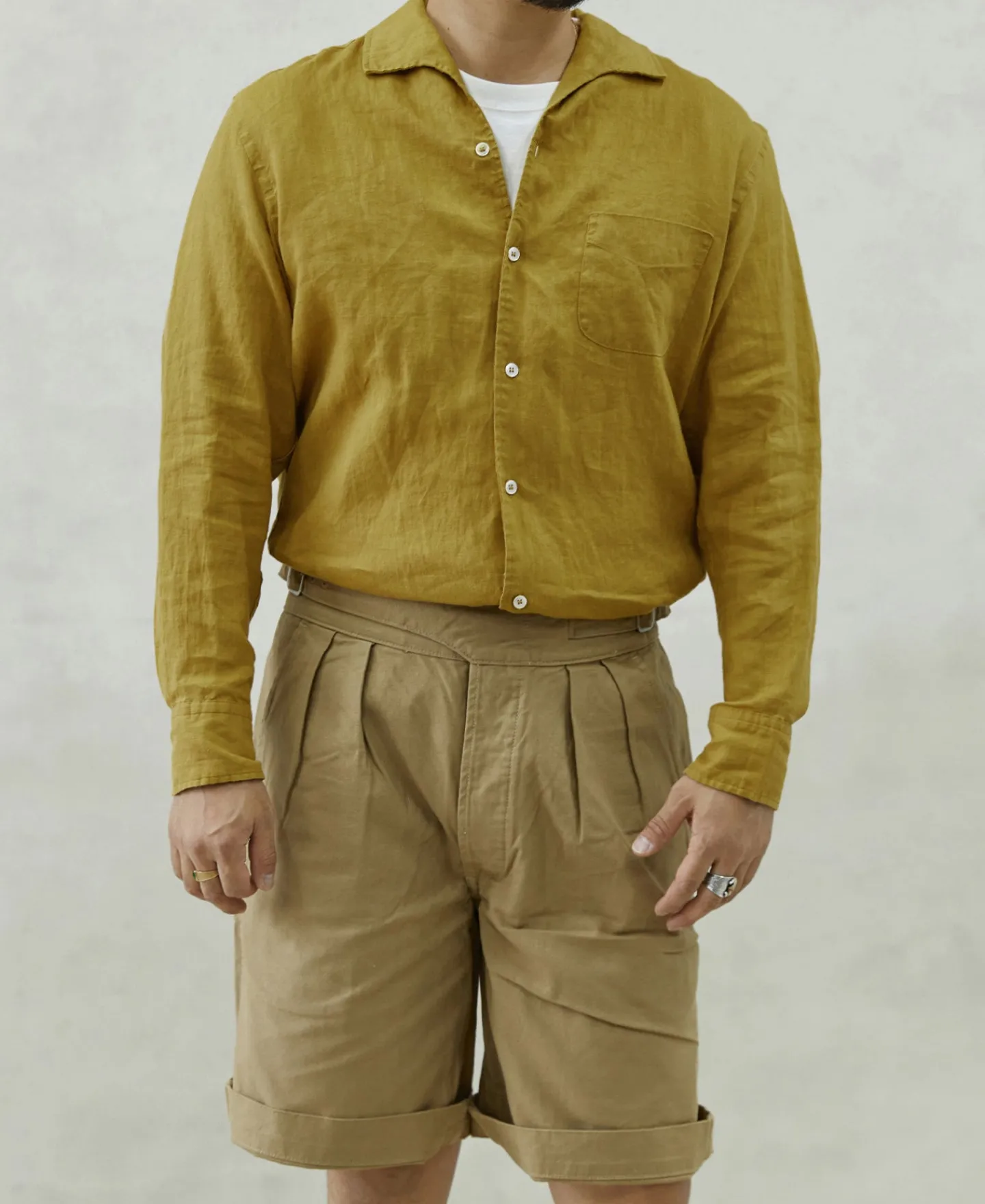 Clearance 1950s Italian Collar Long-Sleeve Linen Shirt - Mustard Long Sleeve Shirts | Shirts