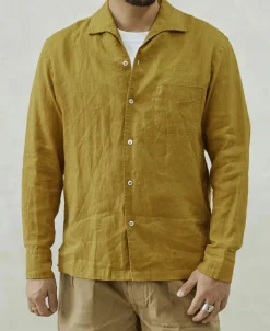 Clearance 1950s Italian Collar Long-Sleeve Linen Shirt - Mustard Long Sleeve Shirts | Shirts