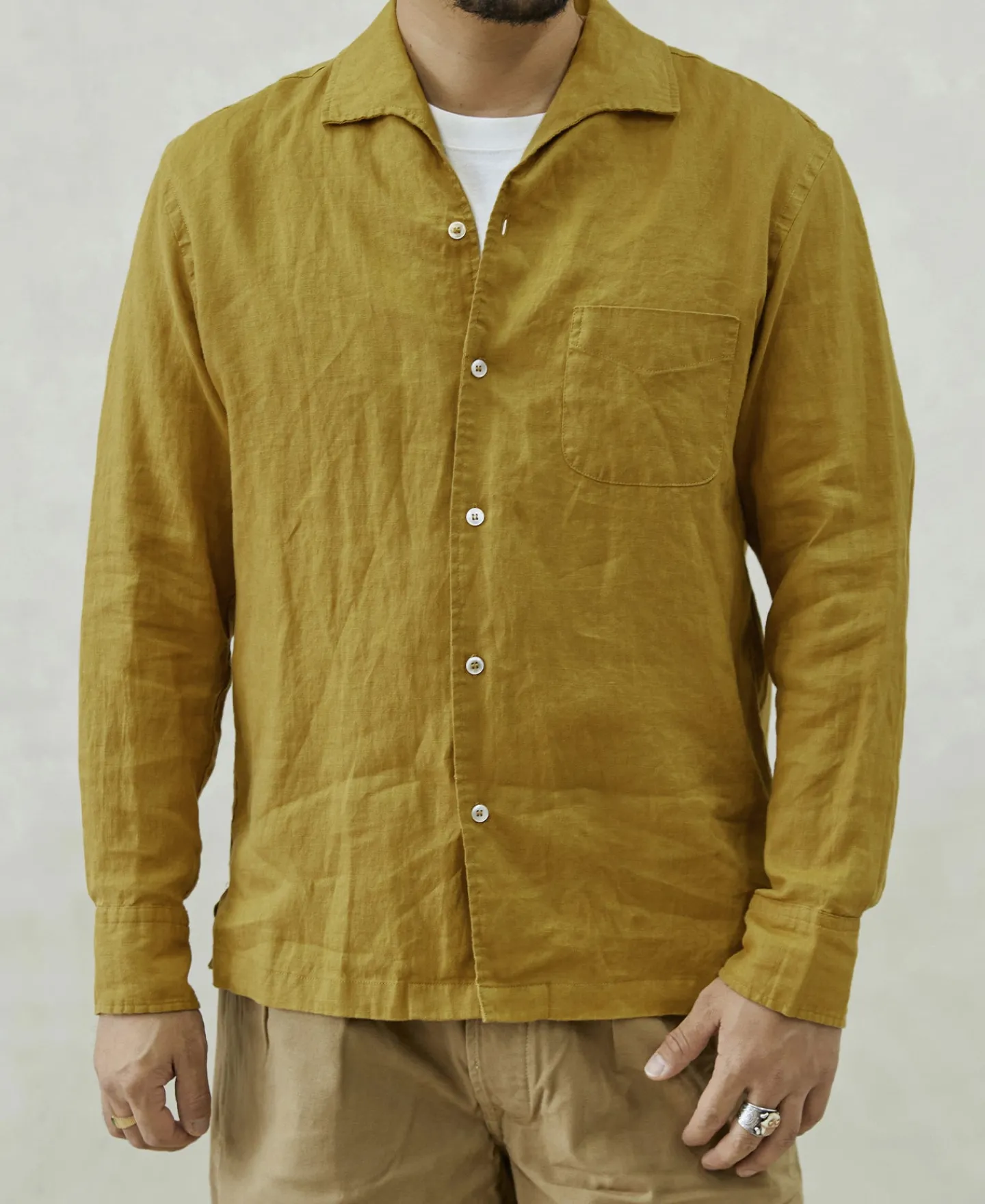 Clearance 1950s Italian Collar Long-Sleeve Linen Shirt - Mustard Long Sleeve Shirts | Shirts