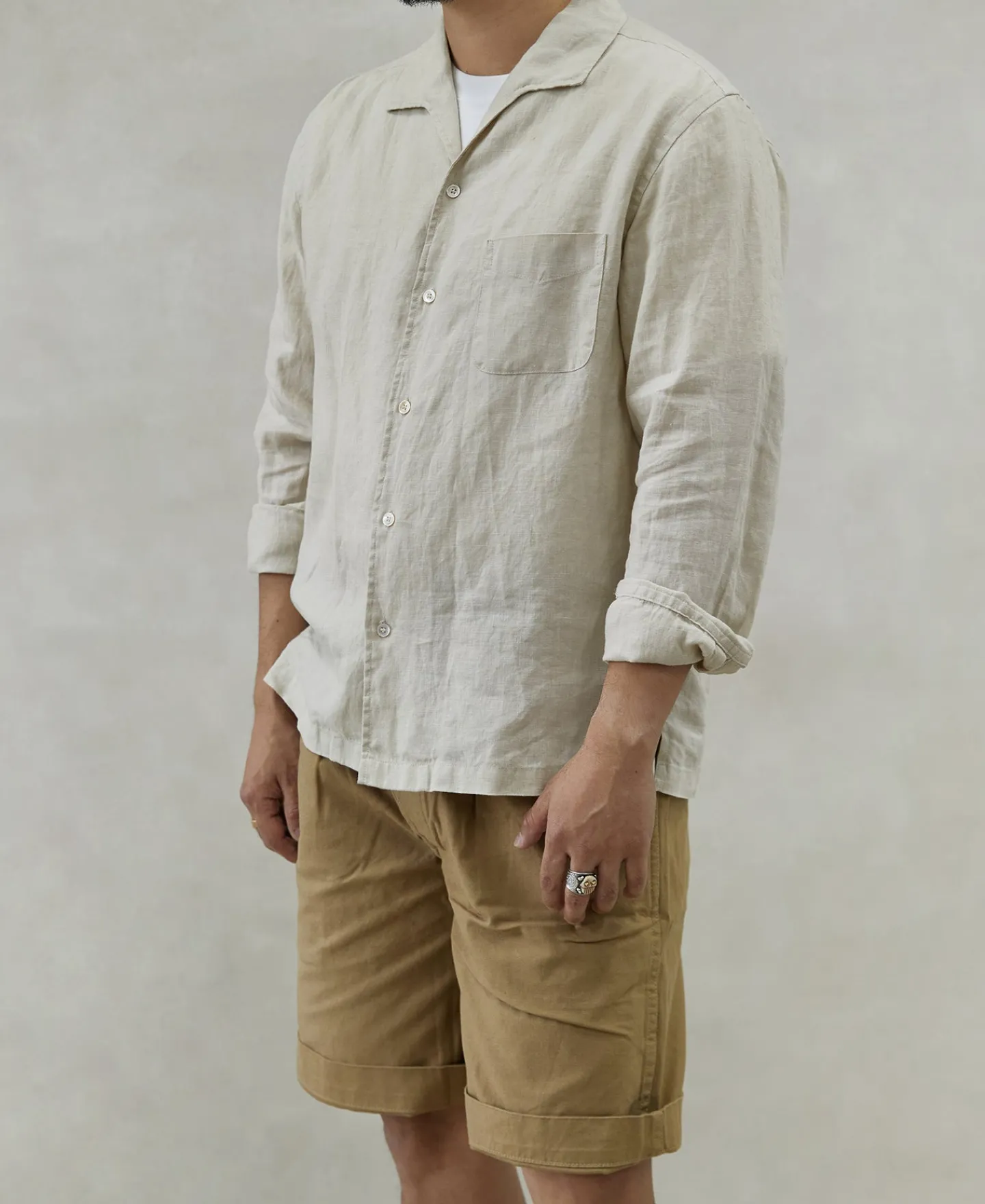 Sale 1950s Italian Collar Long-Sleeve Linen Shirt - Apricot Long Sleeve Shirts | Shirts