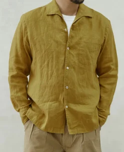 Clearance 1950s Italian Collar Long-Sleeve Linen Shirt - Mustard Long Sleeve Shirts | Shirts