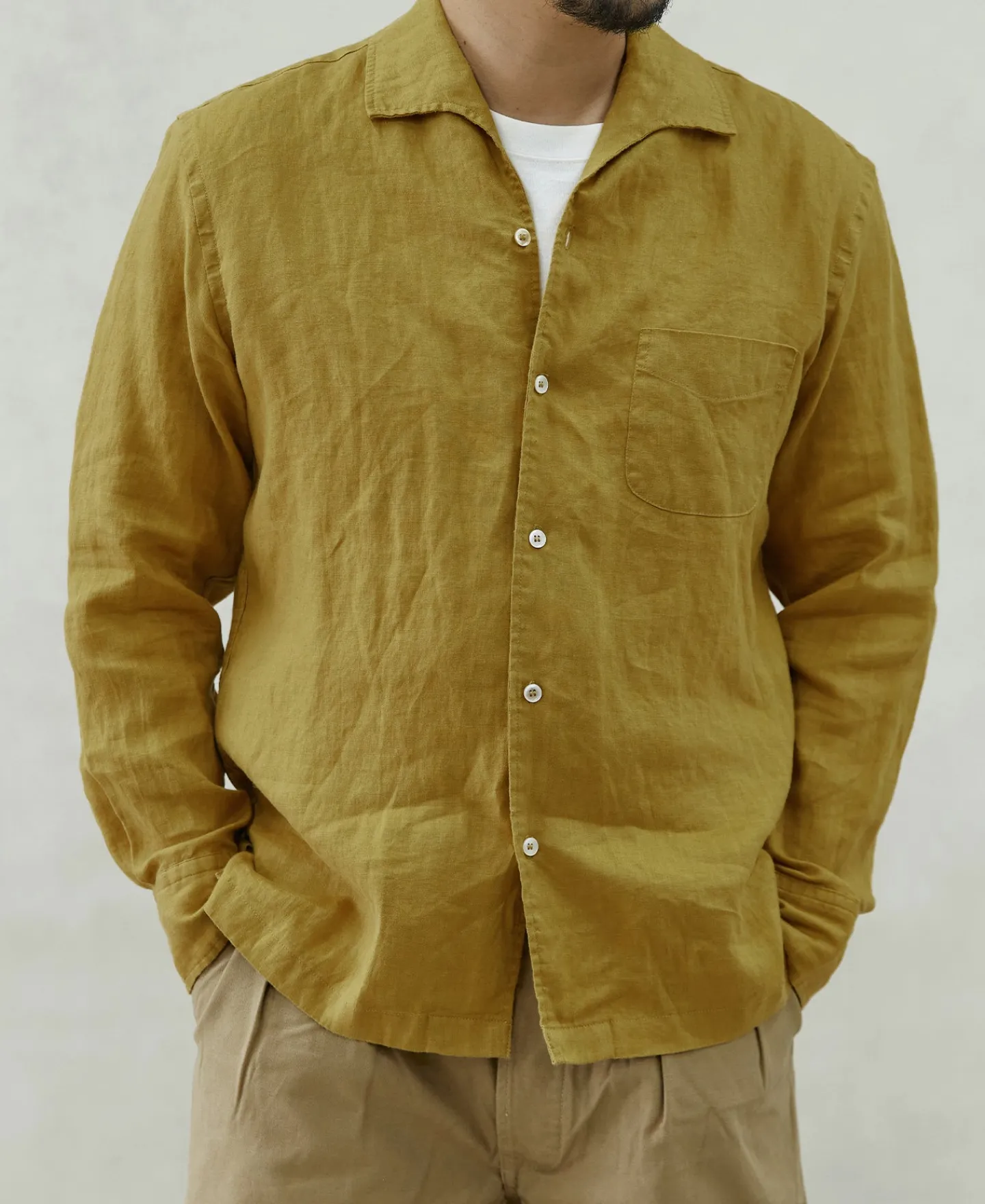 Clearance 1950s Italian Collar Long-Sleeve Linen Shirt - Mustard Long Sleeve Shirts | Shirts