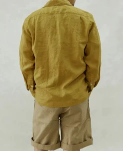 Clearance 1950s Italian Collar Long-Sleeve Linen Shirt - Mustard Long Sleeve Shirts | Shirts