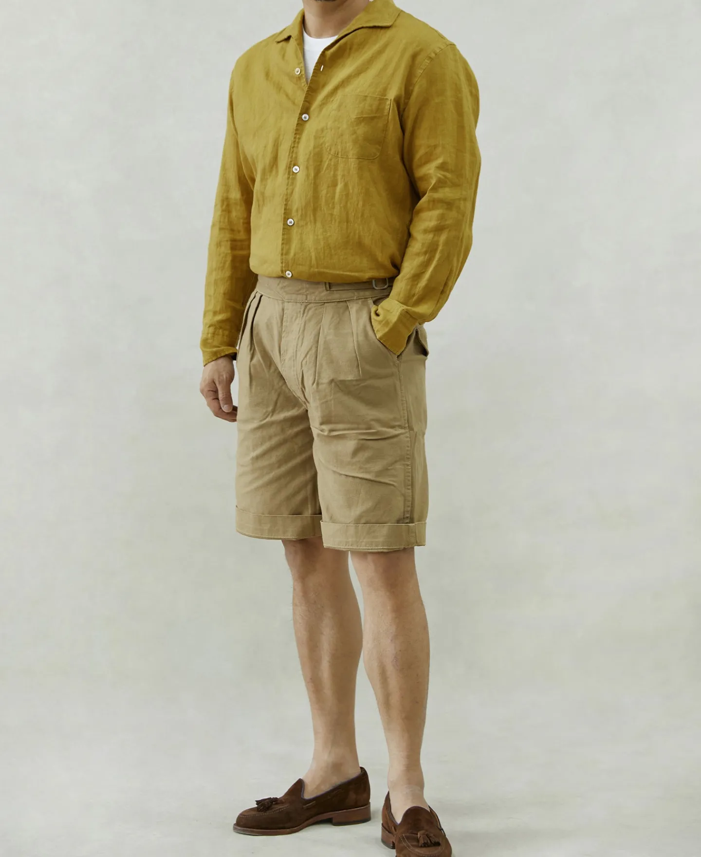 Clearance 1950s Italian Collar Long-Sleeve Linen Shirt - Mustard Long Sleeve Shirts | Shirts