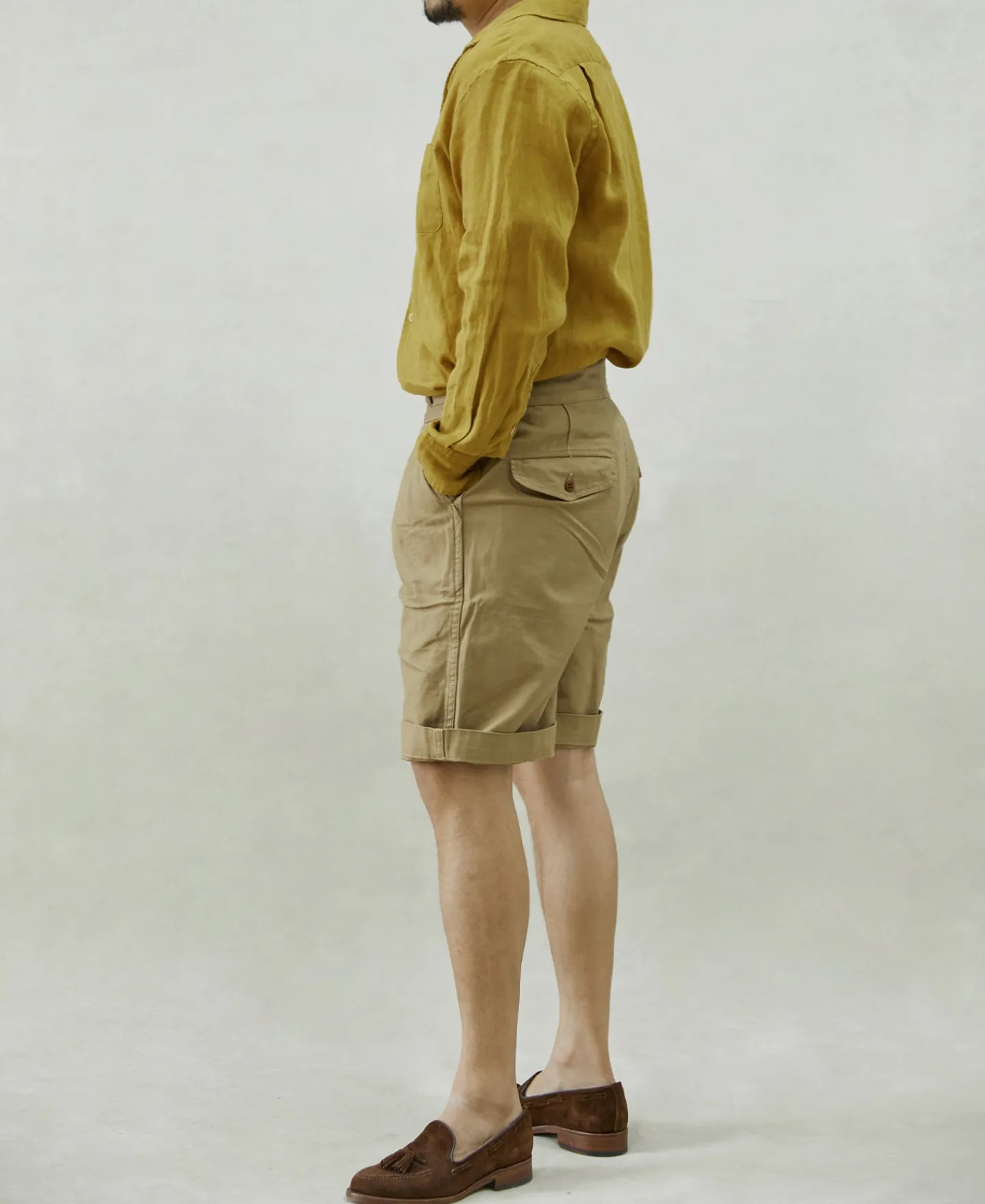 Clearance 1950s Italian Collar Long-Sleeve Linen Shirt - Mustard Long Sleeve Shirts | Shirts