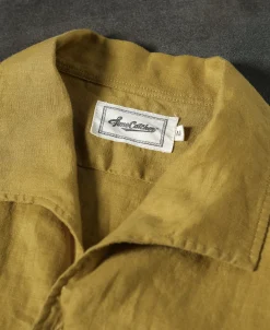 Clearance 1950s Italian Collar Long-Sleeve Linen Shirt - Mustard Long Sleeve Shirts | Shirts