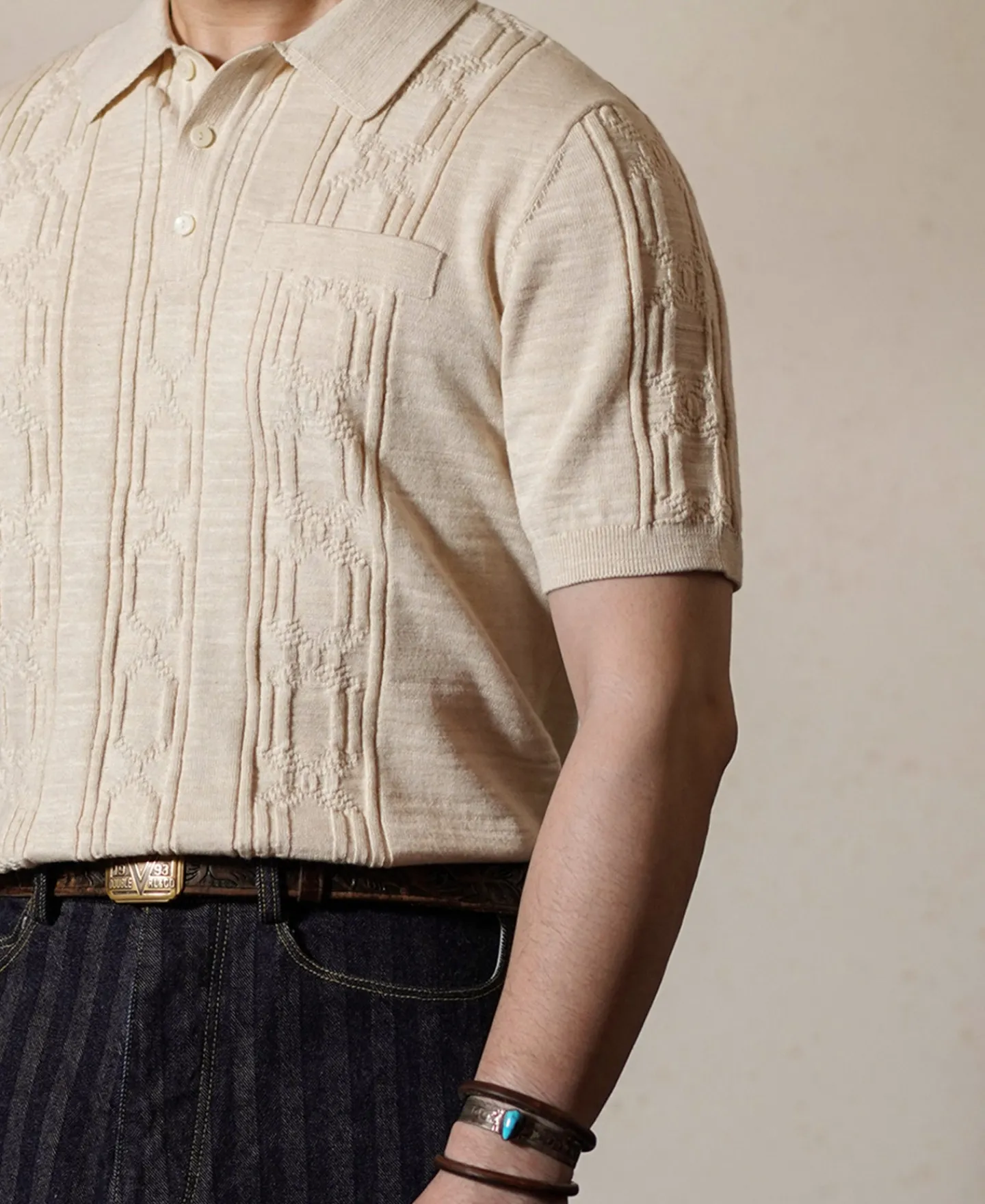 Discount 1960s Jacquard Slub Cotton Polo Shirt - Cream Polo Shirts | Short Sleeve T-Shirts