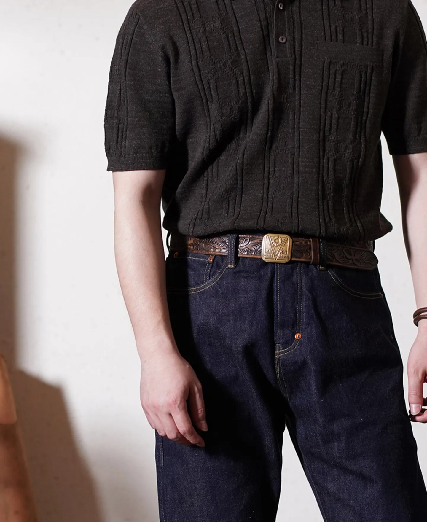 Clearance 1960s Jacquard Slub Cotton Polo Shirt - Coffee Polo Shirts | Short Sleeve T-Shirts