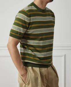 Clearance 1950s Lyocell Stripe Knit T-Shirt - Green Knitwear&sweaters | Short Sleeve T-Shirts