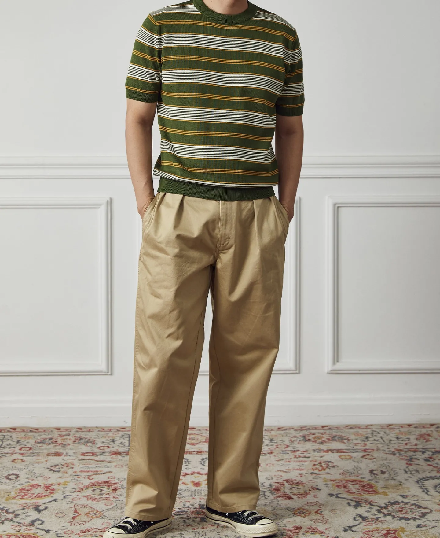 Clearance 1950s Lyocell Stripe Knit T-Shirt - Green Knitwear&sweaters | Short Sleeve T-Shirts