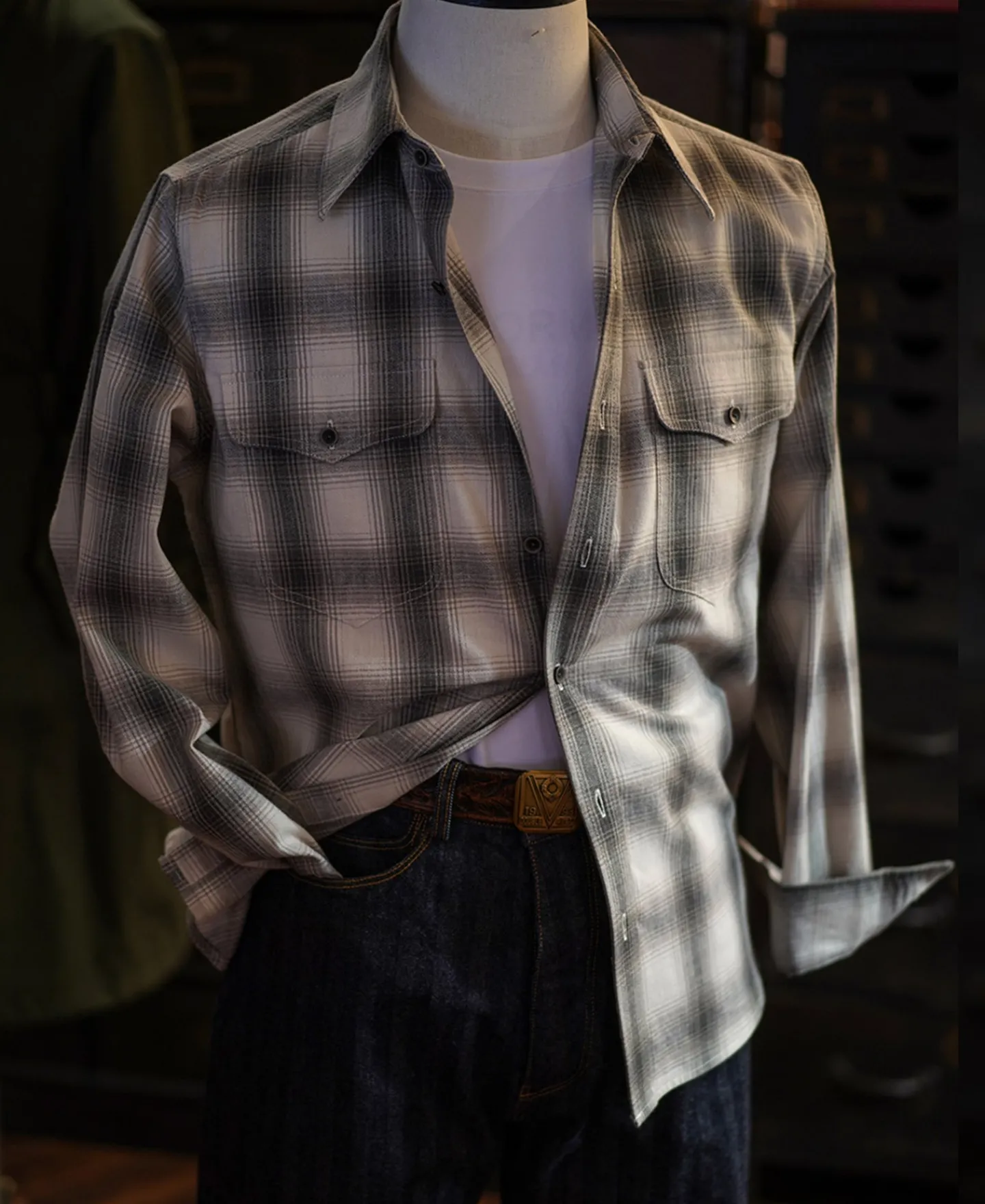 Best 1950s Western Shadow Plaid Workshirt - Gray Long Sleeve Shirts | Shirts