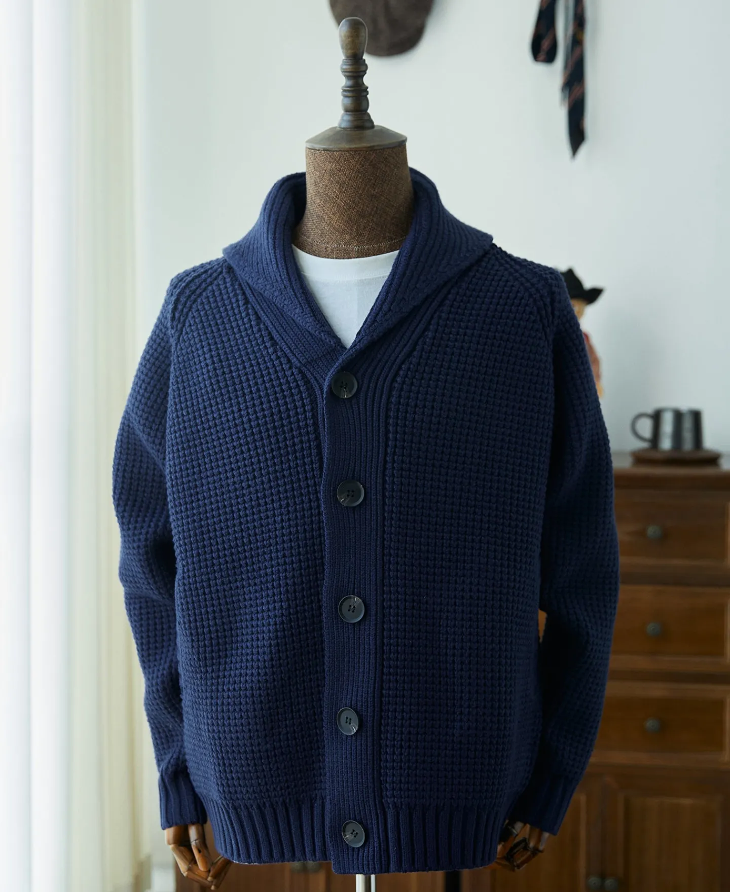Fashion Shawl Collar Raglan Sleeve Wool Cardigan - Navy Blue Knitwear&sweaters