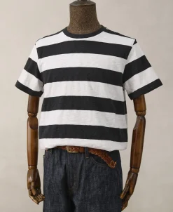 Clearance Slub Cotton Wide Striped T-Shirt - Black/White Short Sleeve T-Shirts | T-shirts