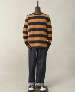 Outlet Slub Cotton Wide Striped Long Sleeve T-Shirt - Black/Orange Long Sleeve T-Shirts | T-shirts