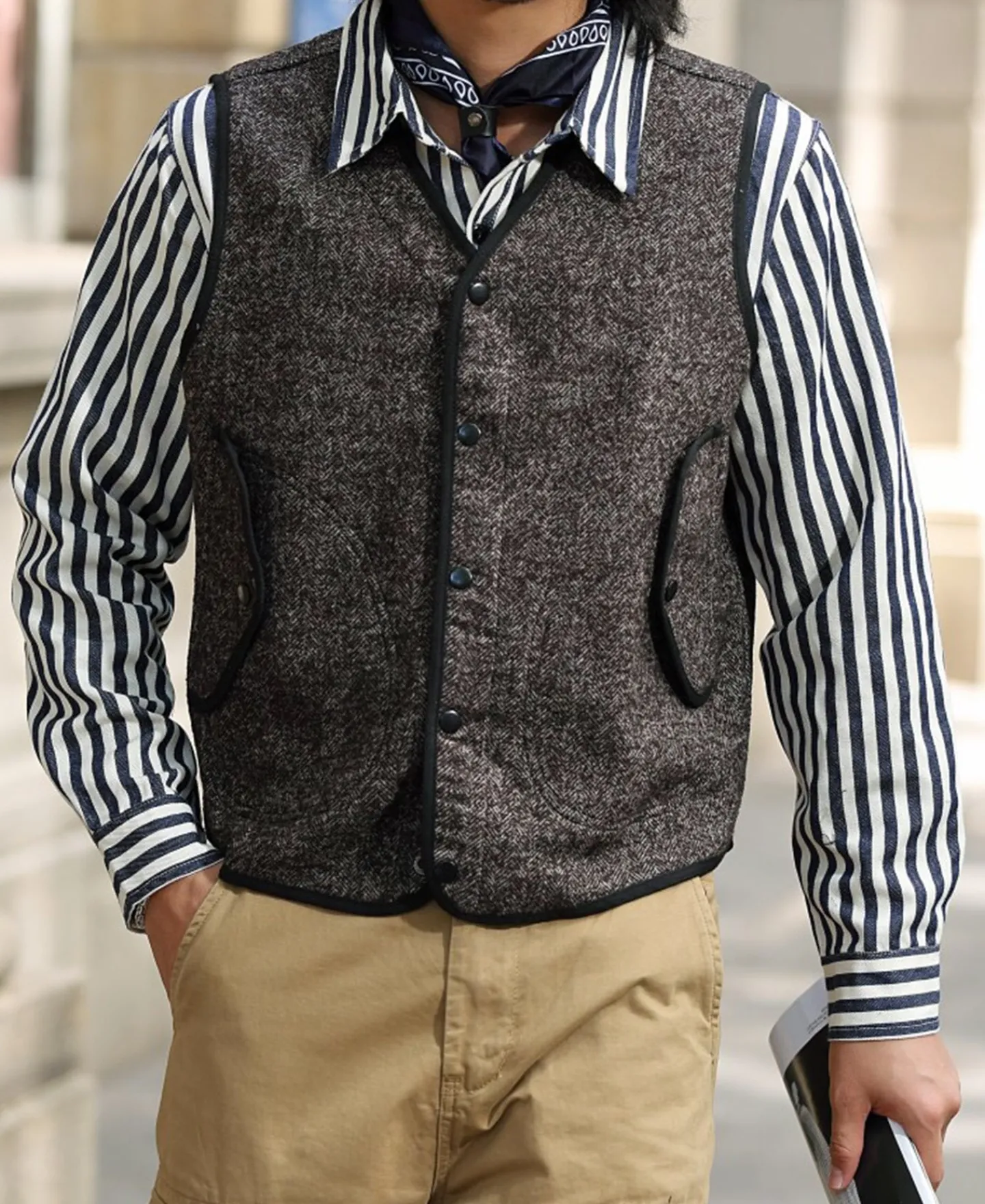Best Tweed Herringbone V-Neck Vest - Brown Waistcoats