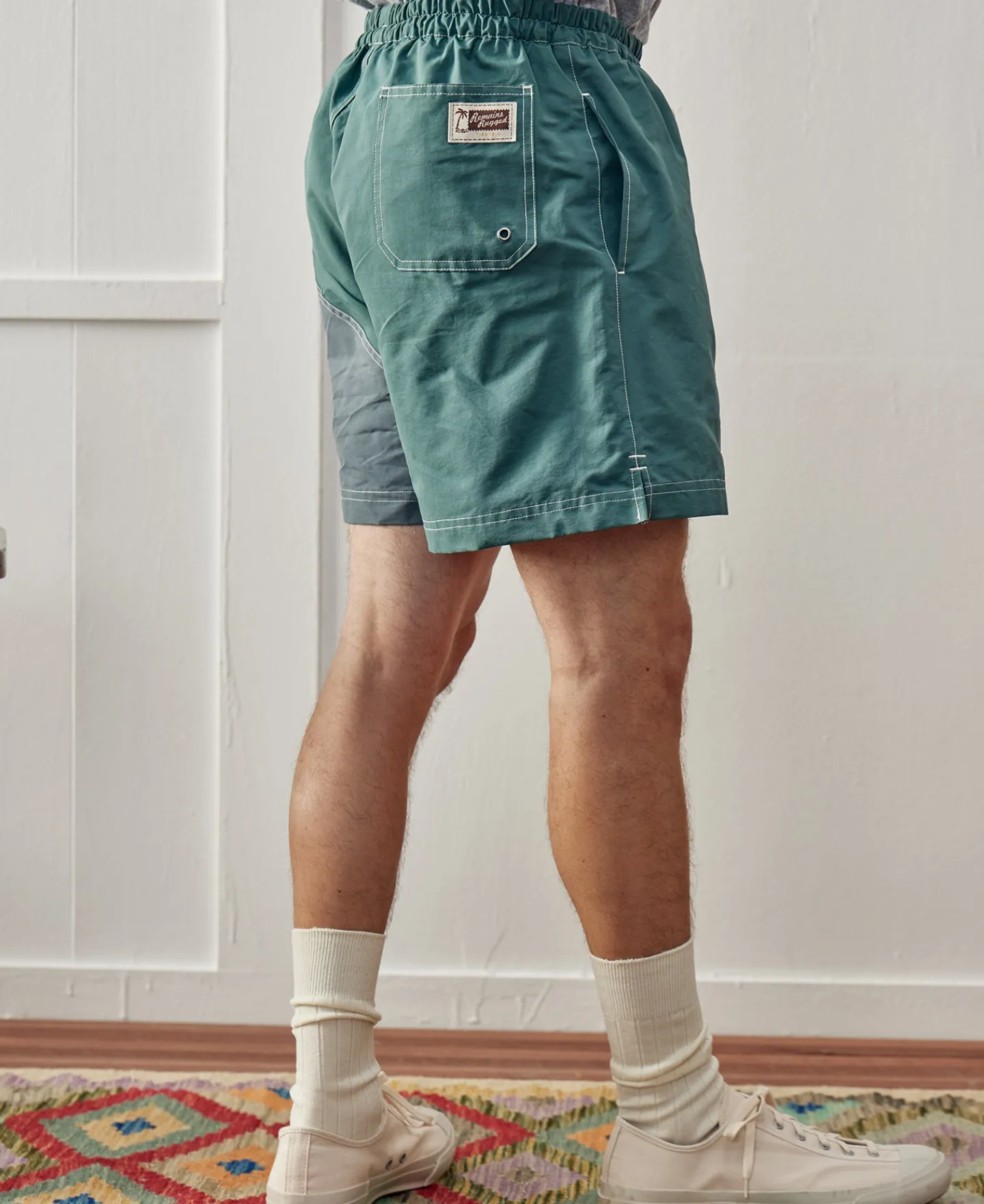 Fashion Two-Tone Beach Swim Trunks - Green/Iron Blue Shorts