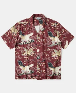 Hot Ukiyo-e Tiger & Crane Pattern Aloha Shirt - Wine Red Short Sleeve Shirts | Shirts