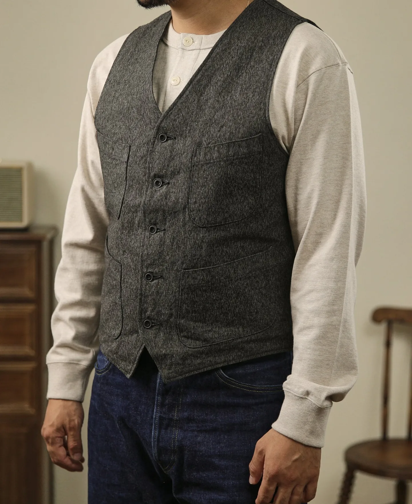 Fashion Vintage Salt & Pepper Pocket Work Vest Waistcoats